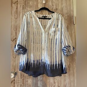 Zac & Rachel women's 2X plus blue / white flowy top long sleeve button down